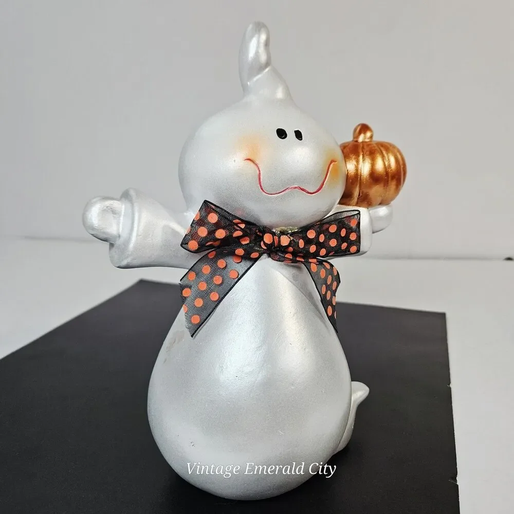 VTG Spook-tacular Ghost Halloween Ceramic Statue Pearl White Black Dot Bow Decor